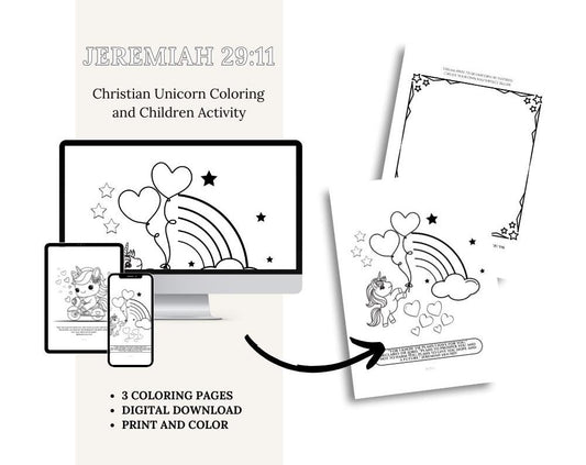 Jeremiah 29:11 Christian Unicorn Coloring and Children Activity / Printable Coloring Page